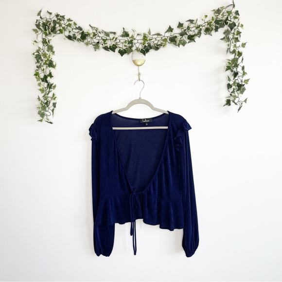 LULUS Navy Blue Long Sleeve Tie Top Small - Picture 1 of 6